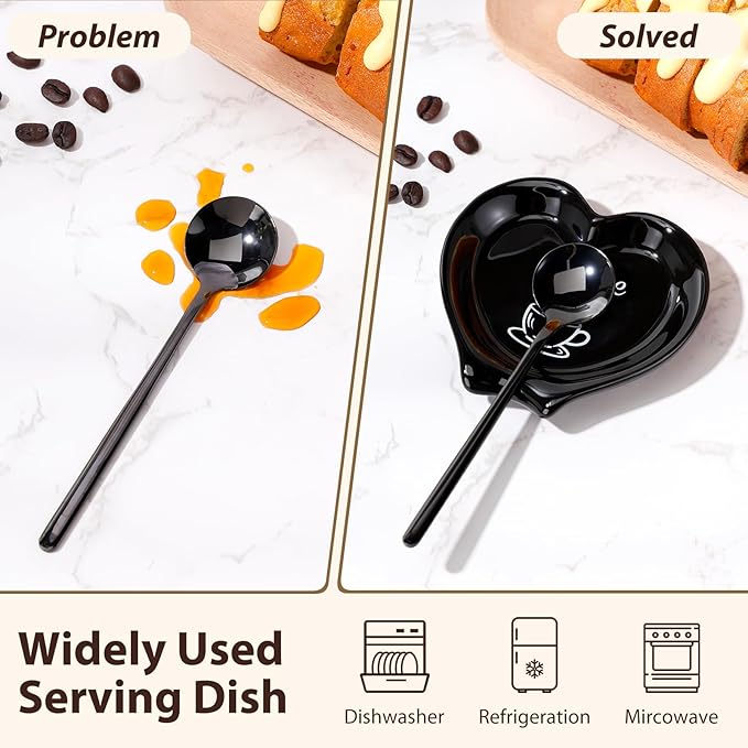 FoldTier 2 Pcs Ceramic Coffee Spoon Rest with Spoon Small Heart Black White Stirrer Holder Bar Station Accessories Decoration Lover Housewarming Gift (Coffee Then I Start My Heart) - Image 2