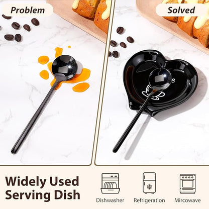 FoldTier 2 Pcs Ceramic Coffee Spoon Rest with Spoon Small Heart Black White Stirrer Holder Bar Station Accessories Decoration Lover Housewarming Gift (Coffee Then I Start My Heart) - Image 2