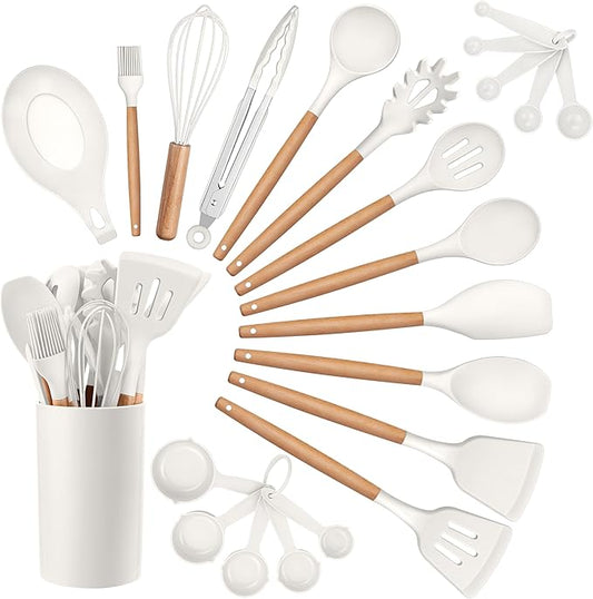HaWare Kitchen Cooking Utensils Set, 23-Piece Silicone Kitchen Utensils Spatula Set with Holder, Heat Resistant Wooden Handle Kitchen Gadget for Nonstick Cookware, Food-grade Turner Spoon Sets (White) by HaWare