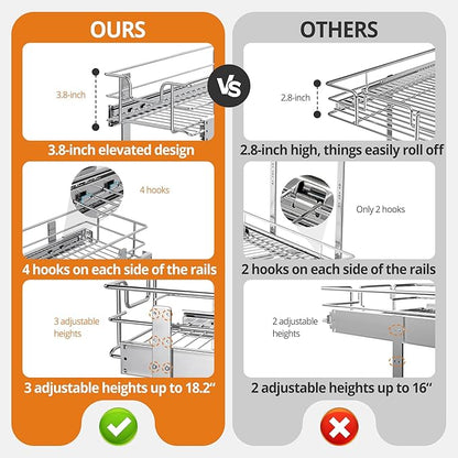 ZOINLIY Pull Out Cabinet Organizer, Versatile Slide Out Kitchen Organizers and Storage,Heavy Duty Drawer Cupboard Storage Basket, Smooth Sliding, Chrome Finish (2-Tiers-14¼''W×22“D)