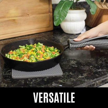 BPA-Free Soft Silicone 4 Piece Oven Mitts & Trivets Set - Ultra Heat Resistant Oven Mitts with Thick Cotton Liner - Long Slip Resistant Pot Holders, Flexible Oven Gloves - Gray - Image 2