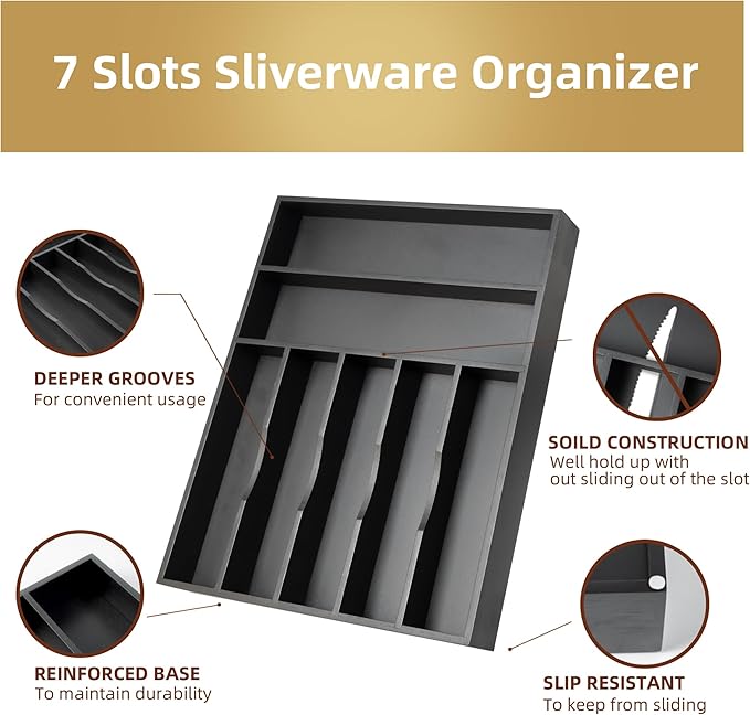 Besilord Silverware Organizer Kitchen Drawer Organizer Utensil Organizer Bamboo Silverware Holder Cutlery Organizer in Drawer Flatware Organizer Tray(7 slots, Black - Image 3