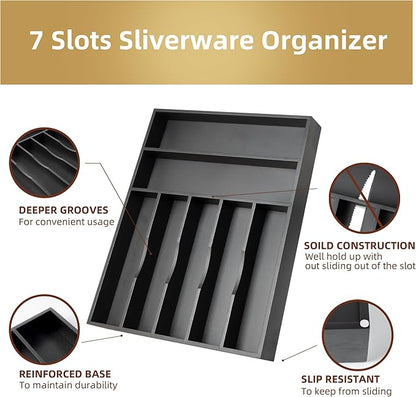 Besilord Silverware Organizer Kitchen Drawer Organizer Utensil Organizer Bamboo Silverware Holder Cutlery Organizer in Drawer Flatware Organizer Tray(7 slots, Black - Image 3