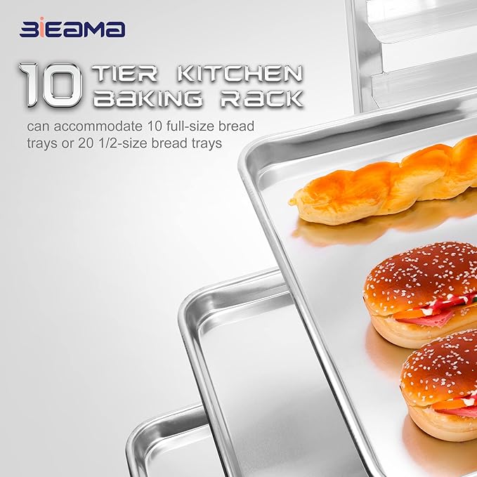 BIEAMA 10-Tier Sheet Pan Rack, NSF Bun Pan Rack, Aluminum Bakery Rack, Home Commercial Kitchen Bakery Cooling, 4 Wheels - Image 5