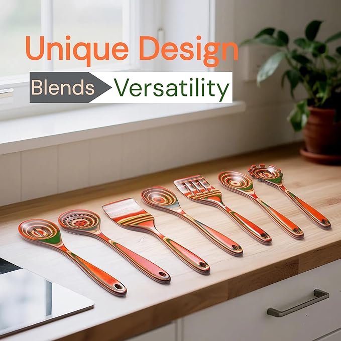 7-Pcs Kitchen Utensils Set –Pakkawood Wooden Spoons for Cooking, Heat-Resistant Wooden Utensil Set,，Non-Stick Spoon，Apartment Essentials Home & Kitchen Gift