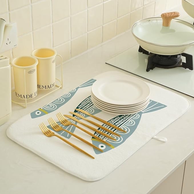 Coastal Dish Drying Mat 18 x 24 inch Beach Blue Fish Print Decorative Drying Mats Microfiber Absorbent Ocean Dish Washable Draining Mat for Kitchen Counter Decor