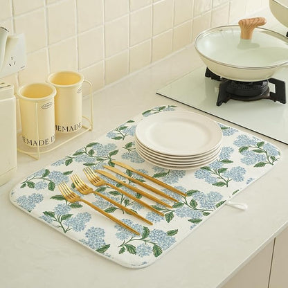 Blue Sage Green Floral Dish Drying Mat 18 x 24 Inch Spring Hydrangea Floral Drying Mat for Kitchen Counter Absorbent Summer Flowers Dishes Dry Pad for Drainer Rack Kitchen Fast Dry