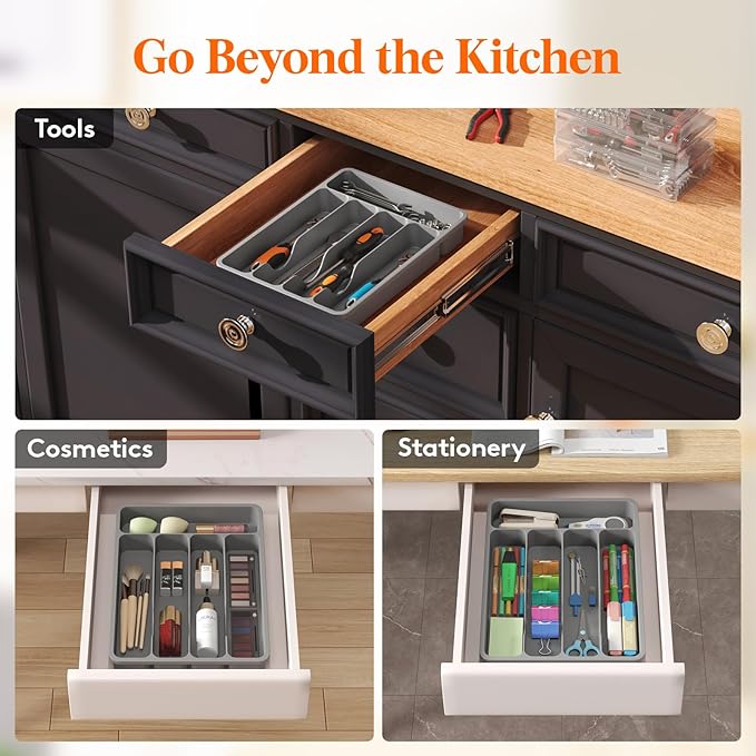 Lifewit Silverware Drawer Organizer Tray, Plastic Cutlery Storage for Kitchen, Flatware and Utensil Holder Divider for Spoons Forks Knives Tableware, 9.1 x 12.6", 5 Slots, Gray - Image 6