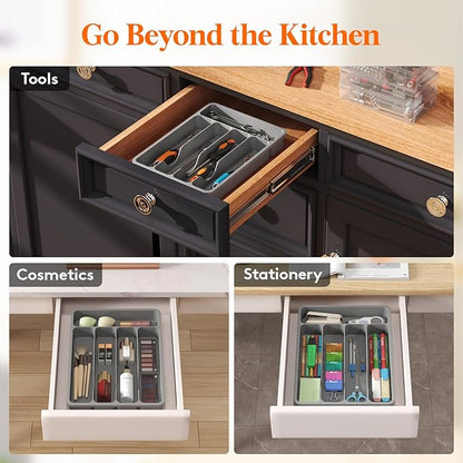Lifewit Silverware Drawer Organizer Tray, Plastic Cutlery Storage for Kitchen, Flatware and Utensil Holder Divider for Spoons Forks Knives Tableware, 9.1 x 12.6", 5 Slots, Gray - Image 6