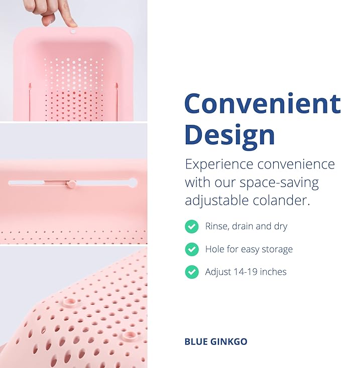 BLUE GINKGO Over the Sink Colander Strainer Basket - Wash Vegetables and Fruits, Drain Cooked Pasta and Dry Dishes - Extendable - New Home Kitchen Essentials (Pink, 2 Pack) - Image 4