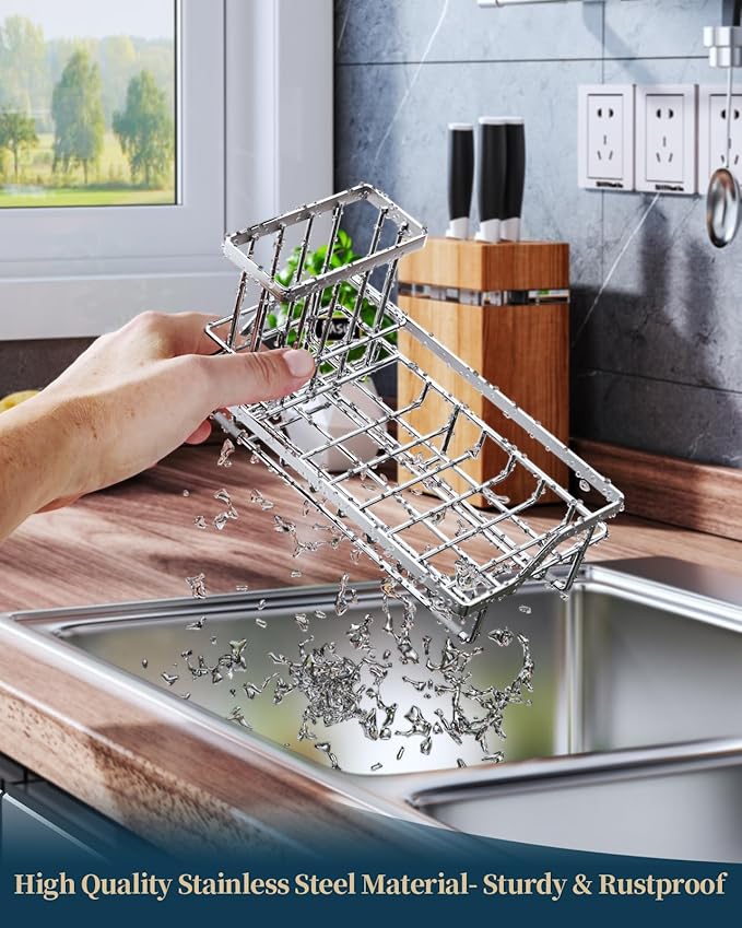 Consumest Sink Caddy, Kitchen Sponge Holder with Dish Brush Holder, Kitchen Sink Organizer with Drip Tray for Countertop Stainless Steel Rustproof, Silver-Large - Image 5