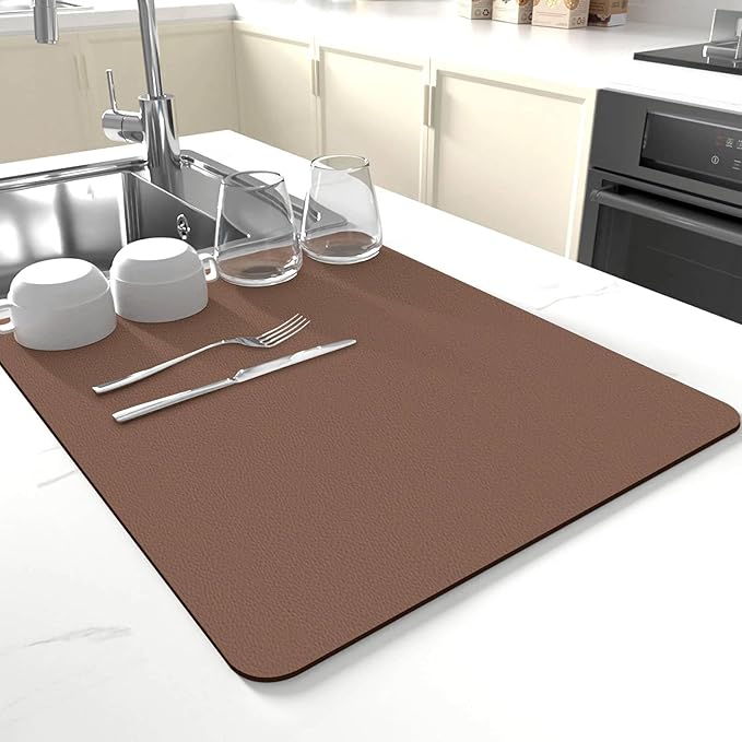 Dish Drying Mat for Kitchen Counter,Drying Mat for Dish Rack,Absorbent Hide Stain Rubber Mat,Coffee Mat, Kitchen Counter Mat(Brown, 17"x31.5") by JuSiyley
