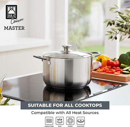 BRA COOKWARE Master Stainless Steel Stock Pot w/Glass Lid | 9.5 Inch 4 Quart Premium 18/10 Cooking Pot | PFAS Free Deep Pot | Silicone Coated Handles | All Cooktops (incl. Induction) | Shiny Finish