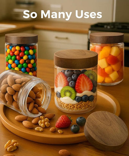 8 Pack 16oz and 10oz Overnight Oats Containers with Lids, Glass Mason Jars with Acacia Wood Airtight Lids, Wide Mouth Meal Prep Storage Jars for Yogurt, Chia Pudding, Salad, Snacks