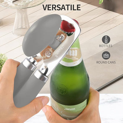 Safring Can Opener Manual, Heavy Duty Stainless Steel Smooth Edge Can Opener With Soft Touch Handle, Oversized Handheld Easy Turn Knob, Multi-Function Bottle Opener, Gray