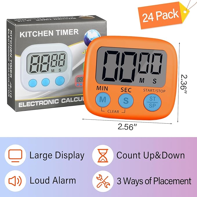 Weewooday 24 Pcs Digital Kitchen Timer Magnetic Timer Bulk On/Off Switch Minute Second Count up Countdown Loud Alarm for Exercise Cook Baking (Multicolor) - Image 2