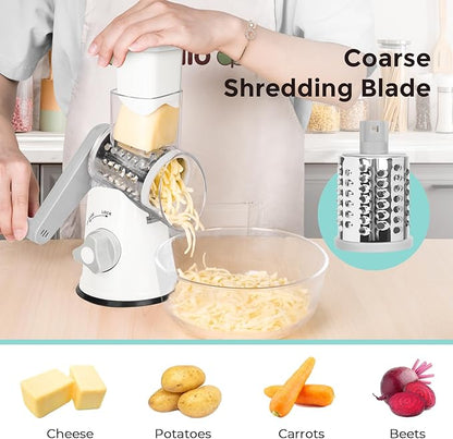 X Home Rotary Cheese Grater for Kitchen, Shredder with 3 Interchangeable Blades, Rotary Grater with Handle and Strong Suction Base, for Vegetables, Fruit, Nuts, Easy to Use and Clean, White - Image 3