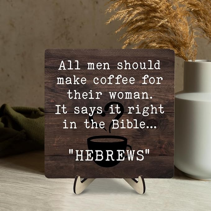 Vintage Coffee Bar Sign Plaque Signs for Coffee Station,Rustic Wooden Java Sign for Kitchen or Farmhouse Cafe Shelf,Fun Gifts for Friends,Dad,Mom 5.9"x5.9" -HEBREWS - Image 7
