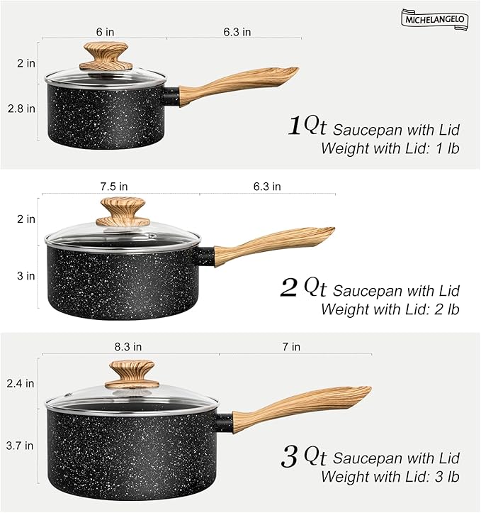 MICHELANGELO Saucepan Set, Nonstick Sauce Pans with Granite Coatings, Stone Sauce Pan with Lids, Non Stick Pot Sets, Sauce Pots 3 Piece, 1Qt, 2Qt & 3Qt - Image 7