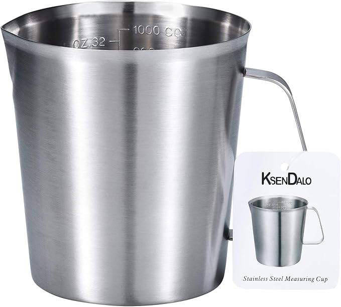 KSENDALO 32Oz/4Cup Stainless Steel Pitcher (SUS304), 1 Liter Metal Container for Water, Milk, Liquid with Handle with Engraved Markings, Silver by KSENDALO