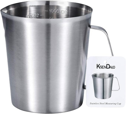 KSENDALO 32Oz/4Cup Stainless Steel Pitcher (SUS304), 1 Liter Metal Container for Water, Milk, Liquid with Handle with Engraved Markings, Silver by KSENDALO