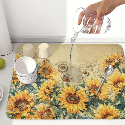 Sunflower Dish Drying Mat for Kitchen Counter Vintage Yellow Sunflowers Microfiber Dish Drainer Mat Spring Summer Watercolor Floral Absorbent Washable Drying Pad Extra Large 18"x24"