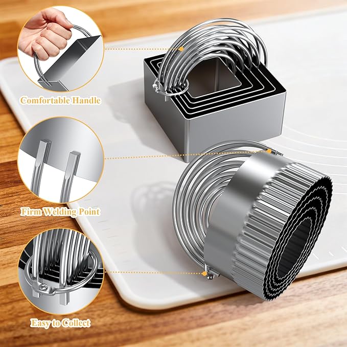 Biscuit Cutter Set of 10 pcs, Square and Fluted Cookie Cutter Set with Handle, Stainless Steel Round Biscuit Cutters, Professional Baking Dough Tools - Image 3