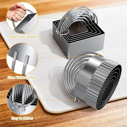 Biscuit Cutter Set of 10 pcs, Square and Fluted Cookie Cutter Set with Handle, Stainless Steel Round Biscuit Cutters, Professional Baking Dough Tools - Image 3