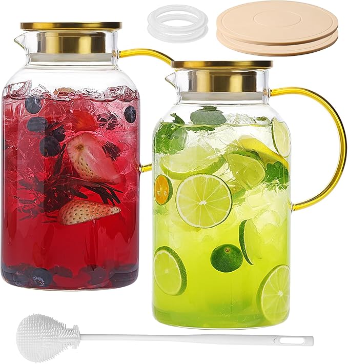 2 Pack 2 Liter/68oz Glass Pitchers with Lid and Handle, Glass Water Pitcher with Lid and Spout for Fridge, Iced Tea, Coffee, Borosilicate Glass Carafe for Hot/Cold Brew Drink