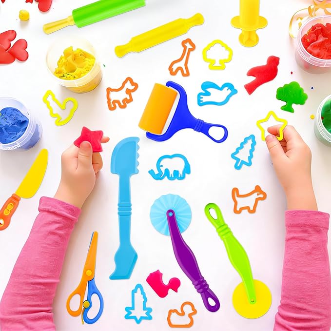 Dough Tools for Kids,47-Piece Kids Clay and Dough Tool Kit– Includes Roller, Rolling Pins, Cutting Tools, Safe Scissors, Plastic Knife & Dough Character Accessories
