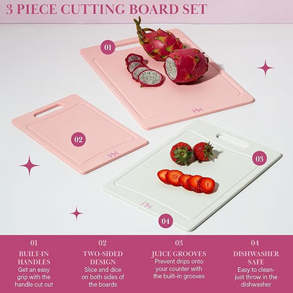 Paris Hilton Cutting Boards, Dual-Sided Cutting Board Set with Built-in Juice Grooves, Easy-Grip Handles, Heavy-Duty Plastic Made without BPA, Dishwasher Safe, 3-Piece Set, Pink and Cream - Image 3