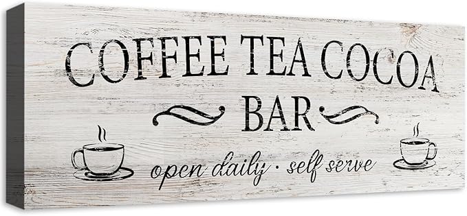 Coffee Tea Cocoa Bar Sign Decor Farmhouse Wall Plaque with Wood Grain Retro Cafe Canvas Prints for Bar Decor Open Daily Self Serve Kitchen Cafe Pub Nook Decoration Accessories 6"x17" by SOOTHAN