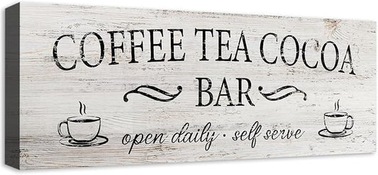 Coffee Tea Cocoa Bar Sign Decor Farmhouse Wall Plaque with Wood Grain Retro Cafe Canvas Prints for Bar Decor Open Daily Self Serve Kitchen Cafe Pub Nook Decoration Accessories 6"x17" by SOOTHAN