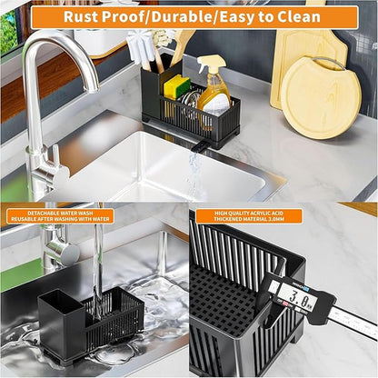 Sink Caddy & Kitchen Sink Organizer,Black Sponge Holder with High Scrub Brush Holder,Plastic Kitchen Countertop Organizer,Multifunctional Sponge Drain Rack,Dish Soap,Dish Sponge Holder,Soap Dispenser - Image 5