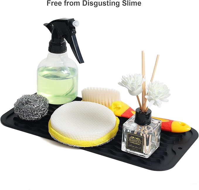 ZLR 2 Pcs Silicone Sponge Holder & Sink Caddy Tray (6" x 12") - Narrow Dish Drying Mat for Kitchen Counter - Waterproof Soap Dispenser Organizer, Non-Slip Bathroom Vanity Tray (Black) - Image 6