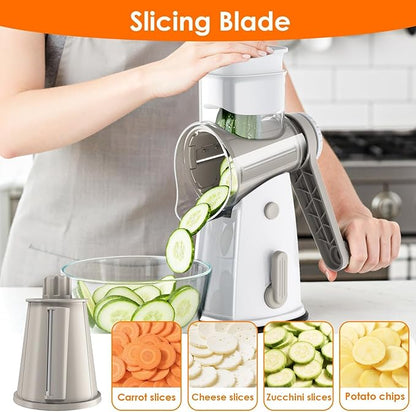 MealHelper 5 Blade Rotary Cheese Grater and Vegetable Chopper with Storage Box and Hand Crank, Compact Shredder for Cheeses, Veggies, Nuts - Easy to Use, Non-slip Suction Base,White - Image 3