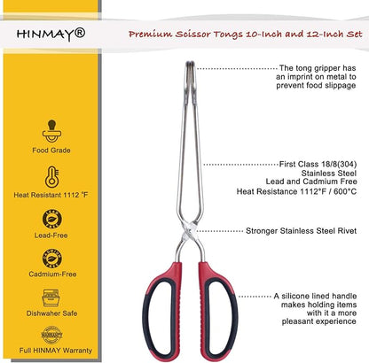 HINMAY Stainless Steel Scissor Tongs 10-Inch and 12-Inch Set, Set of 2 - Image 2