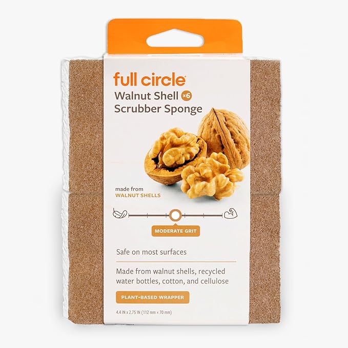 Full Circle Walnut and Cellulose Scrubber Sponges – Pack of 6 – Powerful, Non-Scratch Kitchen Sponges Made with Plant-Based Sustainable Materials, Safe for Nonstick Cookware by FULLCIRCLE