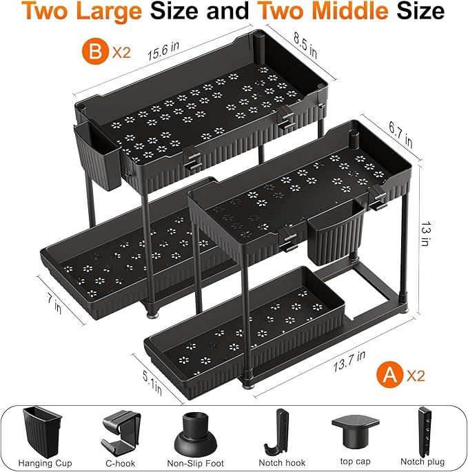 Sevenblue 4 Pack Under Sink Organizer, Bathroom Organizers and Storage, 2 Tier Multi-Use Pull Out Cabinet Organizer with Hang Hooks and Cups (Black, 4 Pack) - Image 6