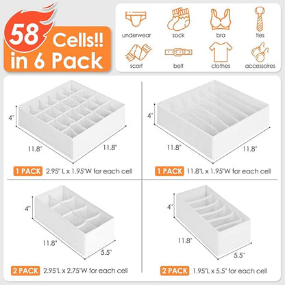 6 Pack Sock Underwear Drawer Organizer Dividers, 58 Cell Foldable Fabric Dresser Closet Organizers and Storage Bins for Clothing, Baby Clothes, Bra, Panty, Scarf, Ties (White) - Image 4
