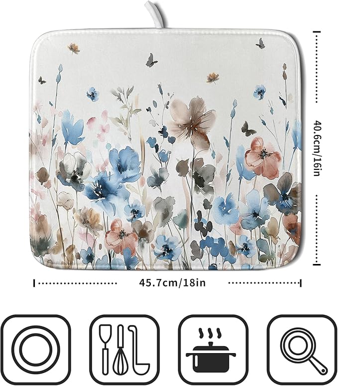 Giwawa Watercolor Floral Dish Drying Mat, 16"x18" Blue Grey Brown Flowers Kitchen Drainer Mats, Spring Summer Wildflower Microfiber Small Dish Drying Pad for Countertop Tabletop Decoration
