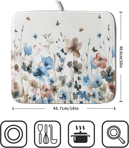 Giwawa Watercolor Floral Dish Drying Mat, 16"x18" Blue Grey Brown Flowers Kitchen Drainer Mats, Spring Summer Wildflower Microfiber Small Dish Drying Pad for Countertop Tabletop Decoration