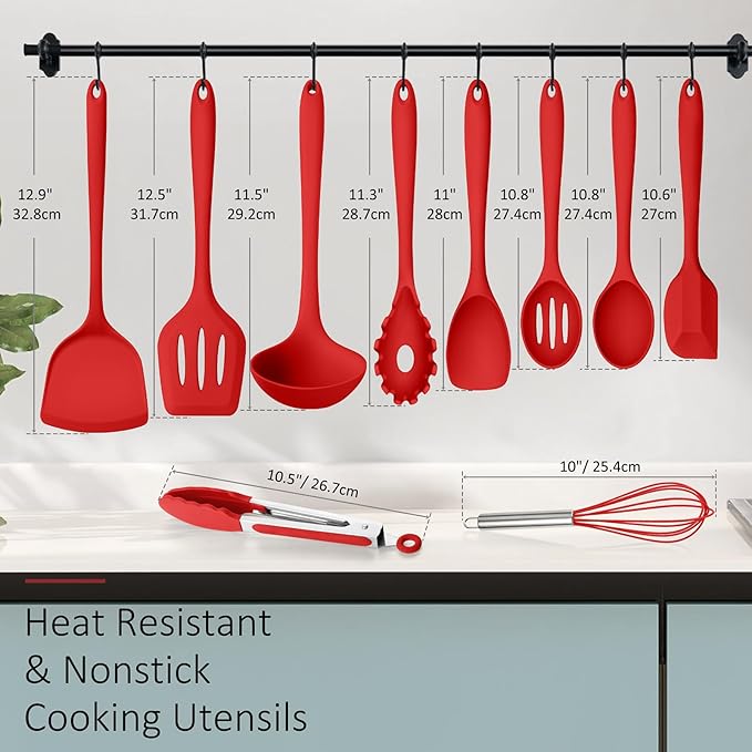 Silicone Cooking Utensils Set of 10, Kitchen Utensils Set for Cooking, 446°F Heat Resistant Silicone Kitchen Tools with Turner Spatula, Soup Ladle, Serving Spoons, Tongs for Nonstick Cookware - Red