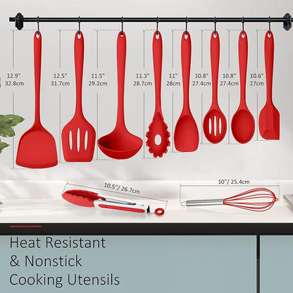 Silicone Cooking Utensils Set of 10, Kitchen Utensils Set for Cooking, 446°F Heat Resistant Silicone Kitchen Tools with Turner Spatula, Soup Ladle, Serving Spoons, Tongs for Nonstick Cookware - Red