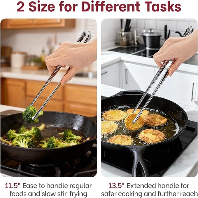 Precision Serrated Non-Slip Tips Cooking Tongs 2 Set (11.5" & 13.5"), 18/8 Stainless Steel Metal Tong, Light but Durable, Easily Control Kitchen Tweezer Tongs for Frying, Plating, BBQ - Image 6