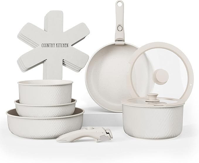 Country Kitchen Cookware Set with Removable Handle, Oven & RV Safe Pots and Pans Set, Cream Rhombus, Original by CountryKitchen