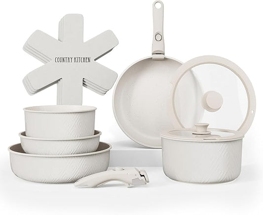 Country Kitchen Cookware Set with Removable Handle, Oven & RV Safe Pots and Pans Set, Cream Rhombus, Original by CountryKitchen