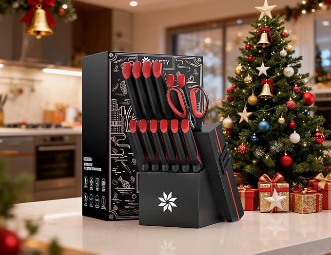 Knife Set - 15 PCS Kitchen Knife Set with Built-in Knife Sharpener Block - Stainless Steel Knife Block Set - Dishwasher Safe, Elegant Box for Men Women, Mothers Day, Red - Image 6