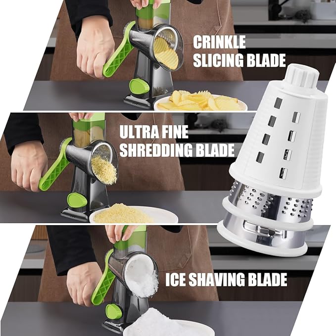KEOUKE Rotary Cheese Grater Pro 6 in 1 - Shredder Crinkle Slicer Grinder Ice Shaver, Stable Suction, Time-saving Easy Use & Clean, Safe Morden Kitchen Tool for Cheese, Vegetable, Nuts, Chocolate - Image 2