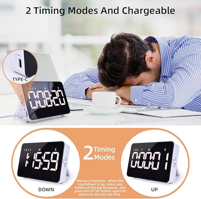 Rechargeable Digital Kitchen Timer for Cooking, Magnetic Timers with Countdown/up, Kids Timer with 5”LED Display 3 Brightness 4 Volume Adjustable for Classroom/Office/Home/Work/Study/Fitness/Game - Image 2